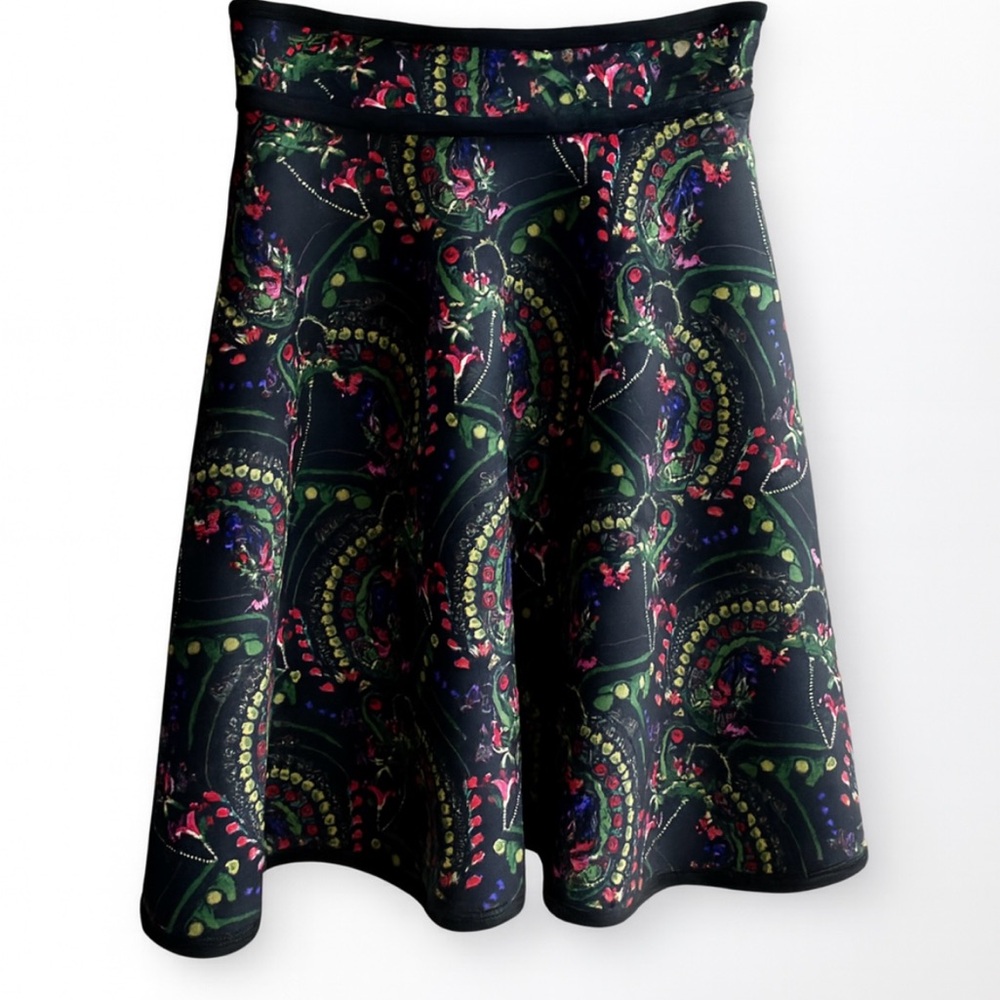 Cynthia Rowley Black Neoprene A-line Skirt with Colorful Abstract Print  Sz 0
